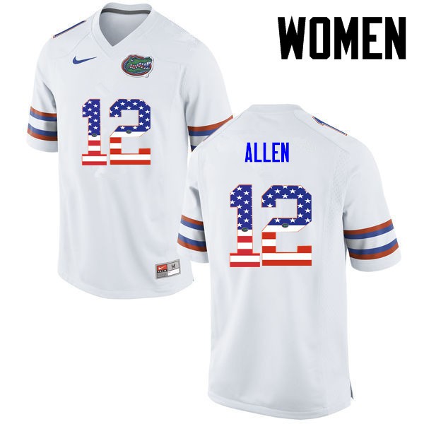 Florida Gators Women #12 Jake Allen College Football USA Flag Fashion White